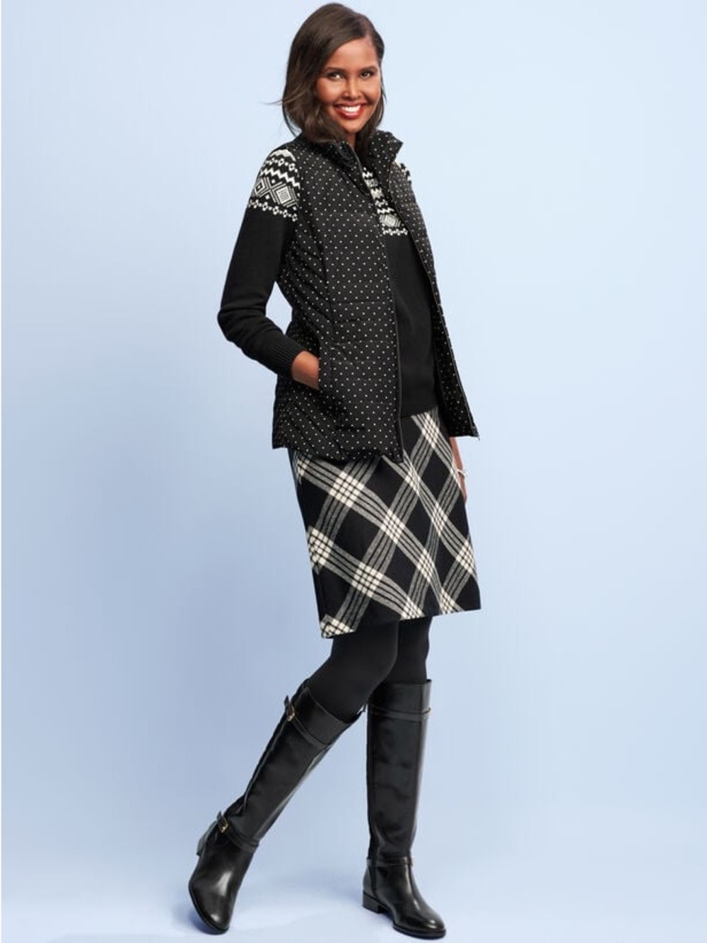Talbots Size 6 Wool Blend Country Plaid A-Line Skirt Black Ivory Lined